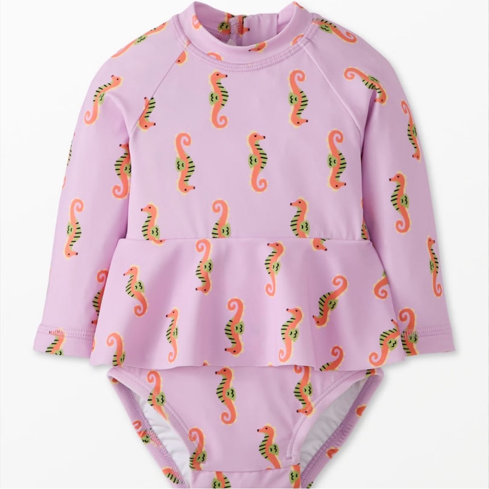 Hanna Andersson Seahorse Ruffle Long-Sleeve One-Piece Swimsuit